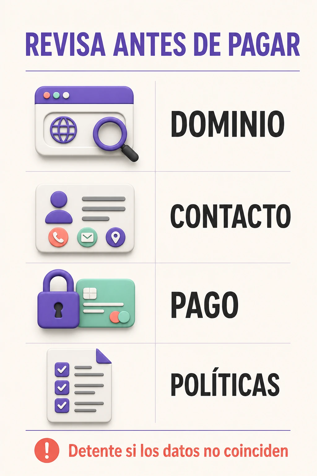 Checklist de dominio, contacto, pago y políticas para revisar una tienda en línea.